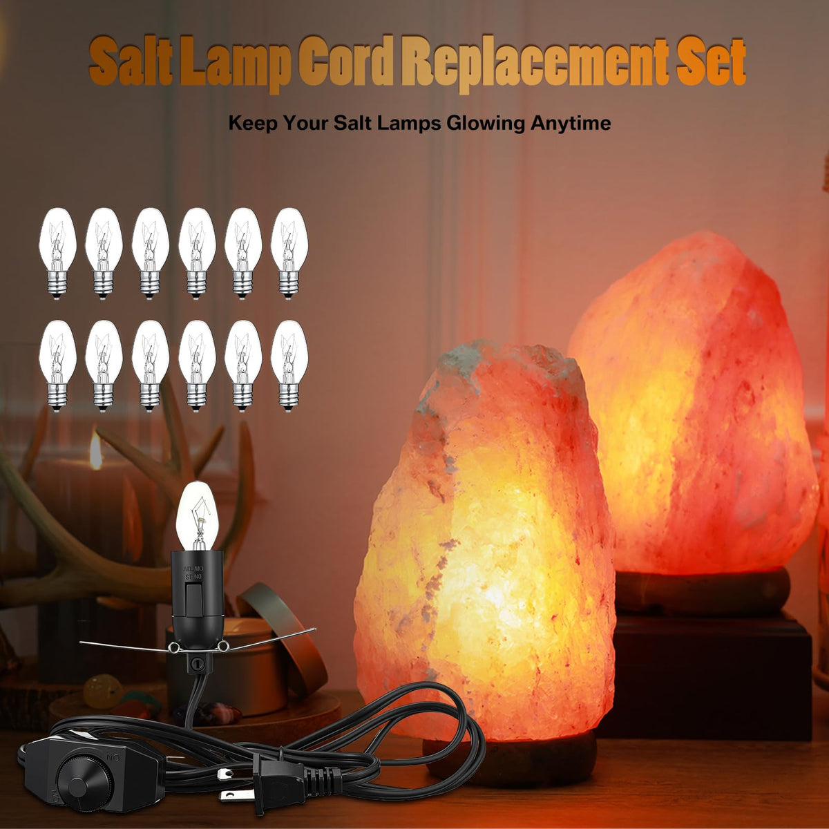 VIHOSE Salt Lamp Cord Replacement Set 4 Pack 5.9FT Power Cord with Dimmer Switch 12 Pcs C7 15w Lights Bulbs for Himalayan Rock Lamps Night Lights Decorative Replacement Accessory