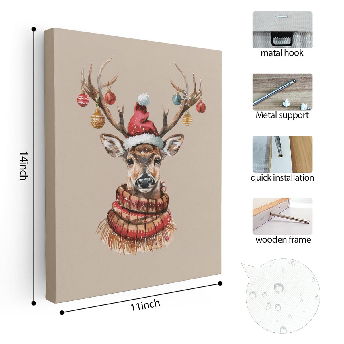 Winter Christmas Reindeer Wall Art Poster for Living Room Bedroom, 11x14 Inch Framed Wall Decor, Christmas Pictures and Decorations