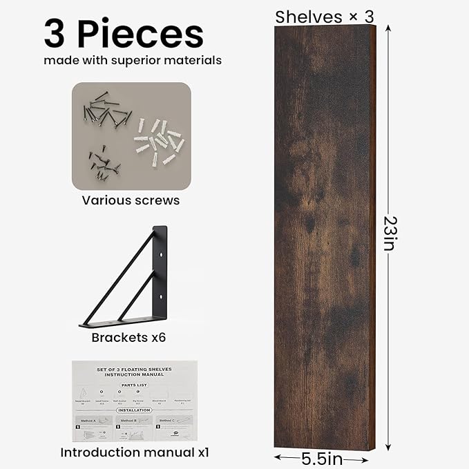 BAYKA 23-in Floating Wall Shelves, Rustic Wood Wall Shelves