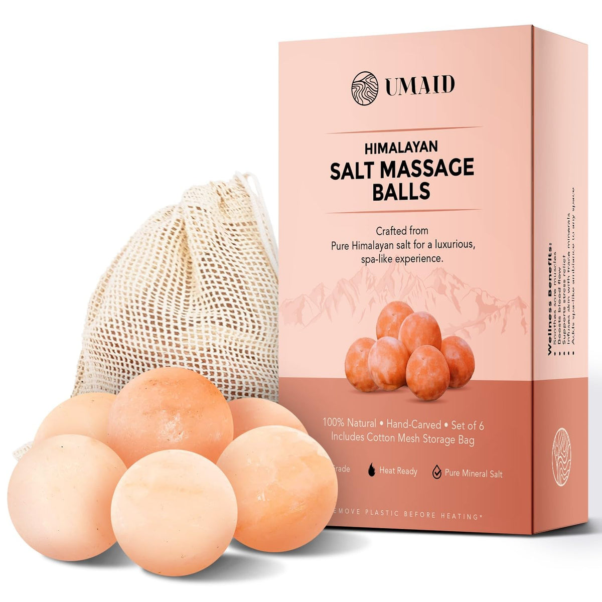 UMAID Himalayan Salt Massage Balls 6-Pack – Natural Himalayan Salt Massage Stones with Cotton Mesh Bag for Hot & Cold Muscle Relief, Spa Massage Therapy, Relaxation & Wellness Gifts for Men & Women