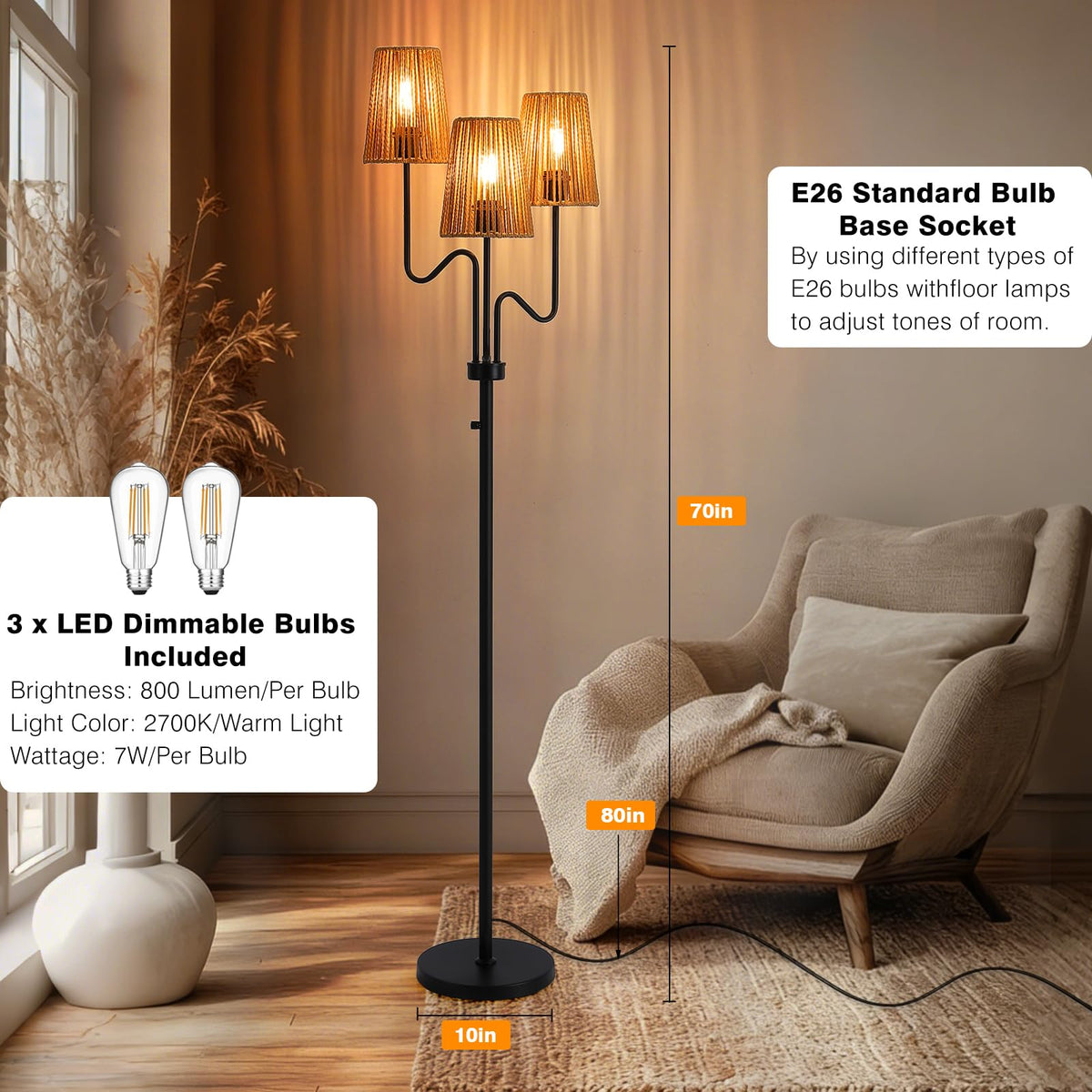 9MMML Farmhouse Boho Dimmable Floor Lamp with Rattan Shade, 68'' Tall Floor Standing Lamp, 3-Light Floor Lamp for Living Room, Bedroom, Office, Corner, 3 x E26 LED Bulb Included