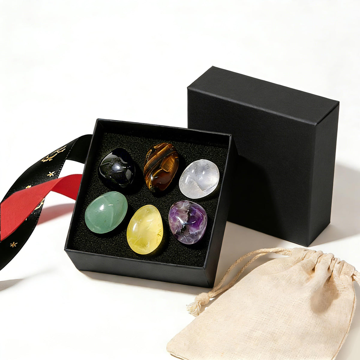 6 Pcs Natural Tumbled | Crystal Set Feng Shui Decor Premium Box for Good Luck, Wealth & Protection | Citrine, Amethyst, Black Obsidian Energy Stones | DIY Ribbons & Storage Pouch Spiritual Gift