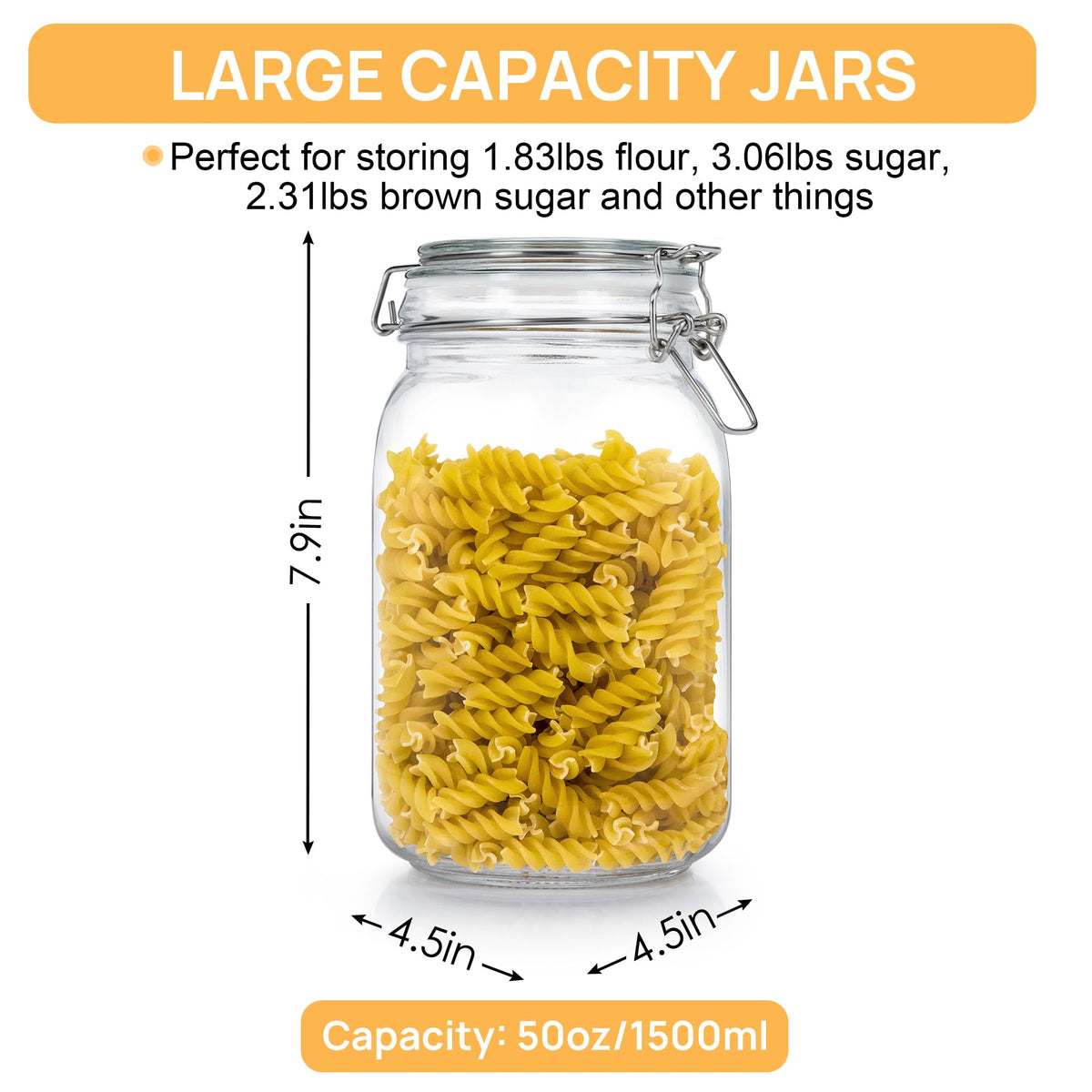 CHEFSTORY 50oz Airtight Glass Jars with Lids, 3 PCS Food Storage Canister for Kitchen & Pantry Organization, Square Mason Jar Containers for Storing Sugar, Flour, Cereal,Coffee,Cookies