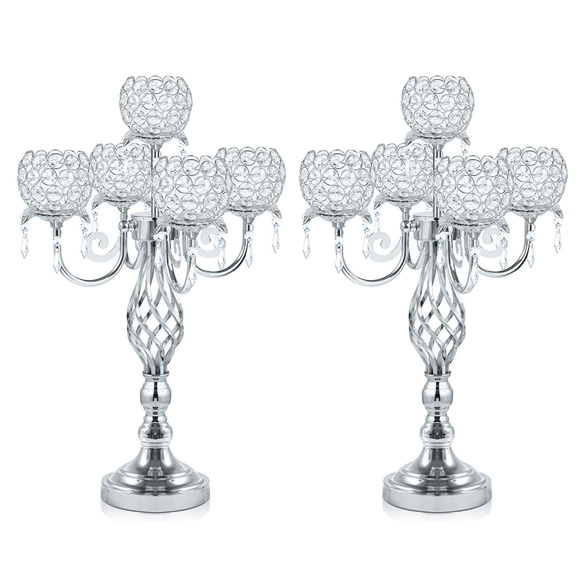 Kehail 5-Arm Crystal Candelabra Centerpiece 23.2" Tall - Elegant Candle Holder Stand with Crystal Bowl, Chic Table Decor for Weddings, Parties, Anniversary & Home Decoration (2, Silver)