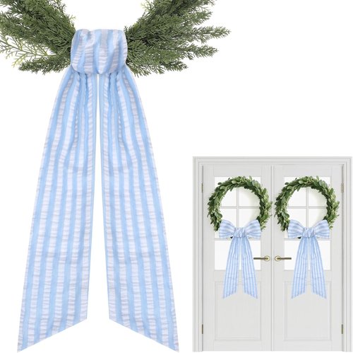 Blue Wreath Sash - 2 Pcs Stripe Embroidery Monogram Decor | 60 Inch Seersucker for Home & Baby Shower