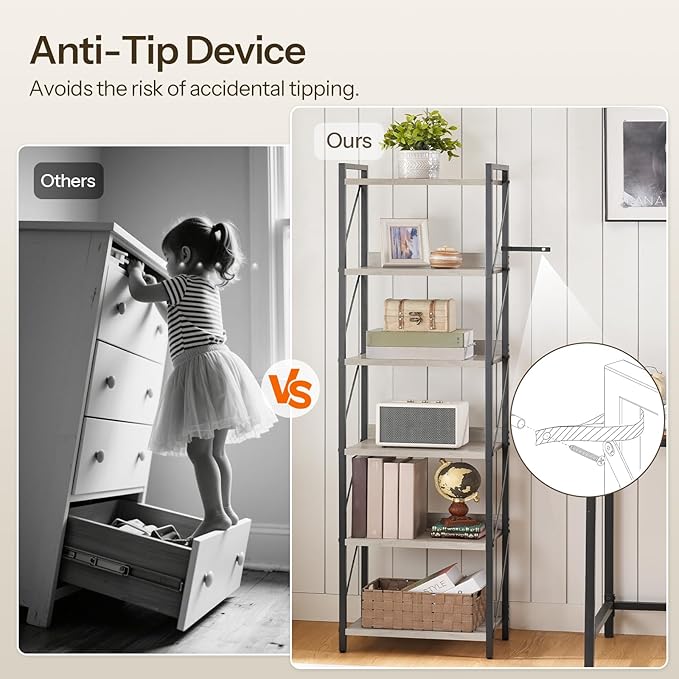 HOOBRO Bookshelf, 6-Tier Industrial Bookcase, Book Shelf Storage Organizer