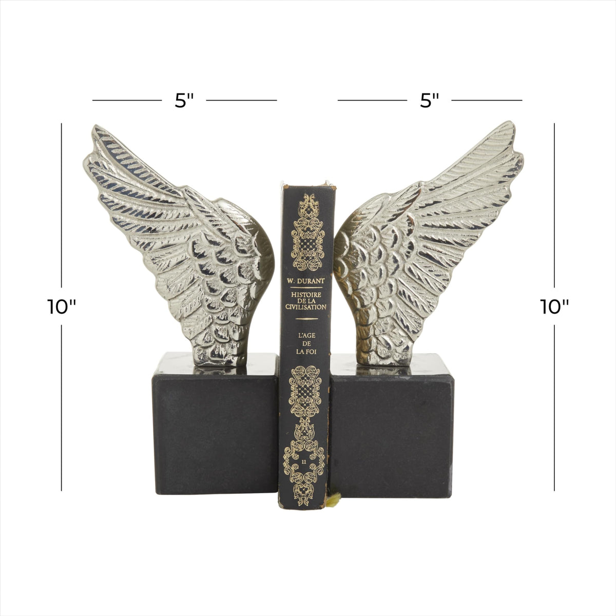 Deco 79 Aluminum Metal Bird Decorative Bookends Wings Non Skid Bookends with Marble Base, Set of 2 Office Bookends5'W, 10'H, Silver