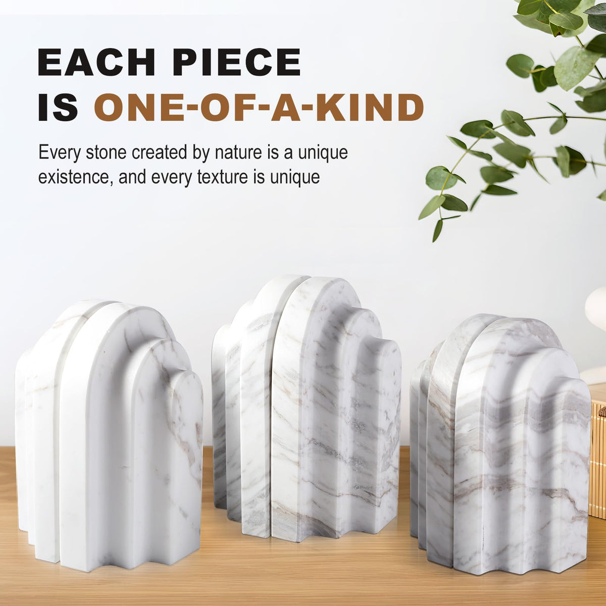 Natural Marble Book Ends - Heavy Duty Bookends for Shelves - Aesthetic Layered Arch Design Stone Book Holders, Modern Office Bookshelf Stopper Decor for Books/CDs (Volakas)