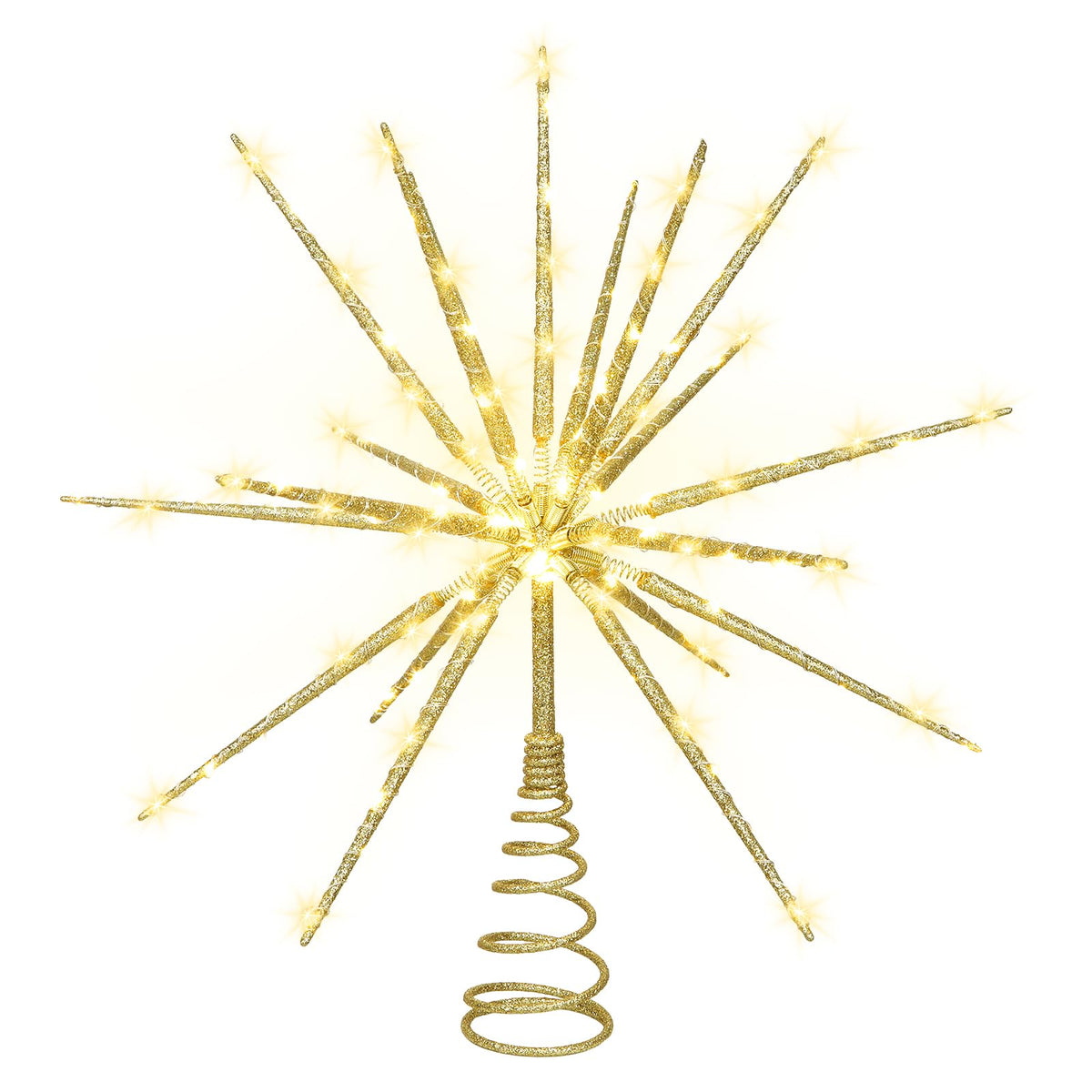Obralitic 15 Inch Christmas Tree Star Topper with 150 LED Timer Lights & Remote, 19-Point USB Powered Lighted Gold Starburst Star Tree Topper for Indoor Holiday Party Xmas Tree Decor