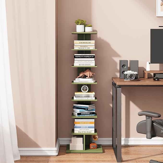 TUTOTAK Bookshelf, 8-Tier Bookcase, Narrow Spine Book Shelf