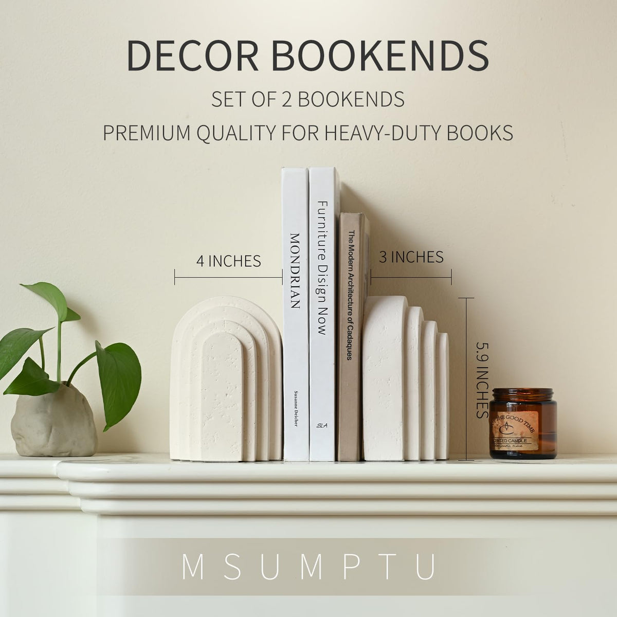Decorative Bookends for Shelves, Set of 2 Book Ends for Heavy Books, Layered Arch Design Beige Bookend