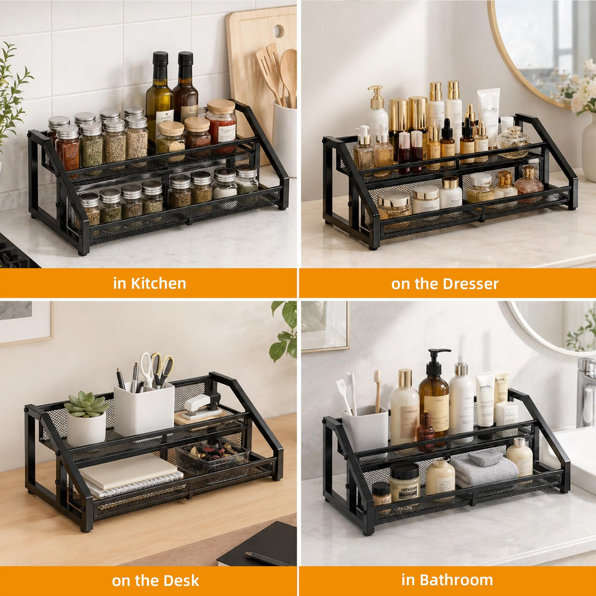 Lesmery 2 Tier Expandable Spice Rack Organizer for Kitchen Cabinet,13.7"-23.6" Heavy Duty Spice Organization Shelf,Metal Pantry Storage Shelves Racks,Good Space for Pantry, Counter top,Patent Pending