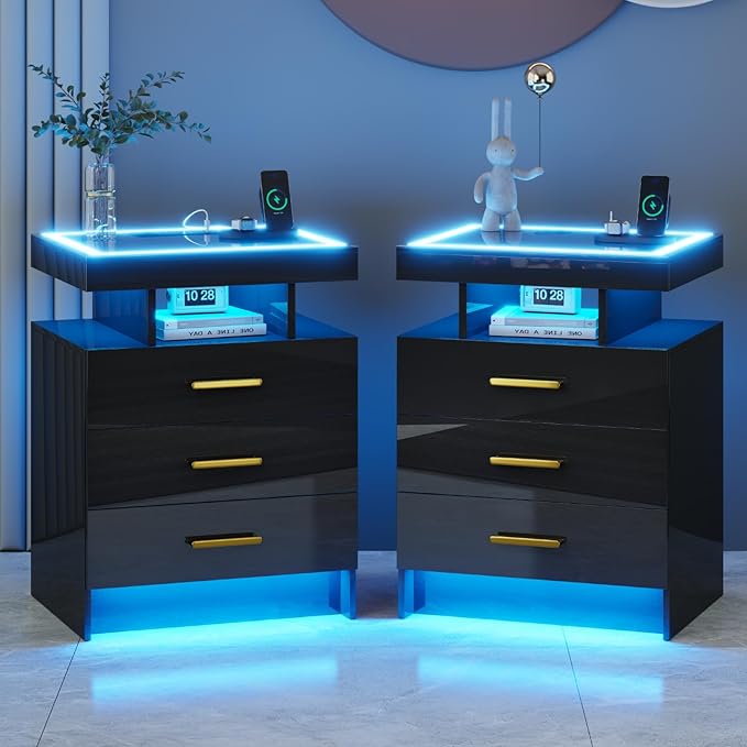 Black Night Stand Set 2 with Wireless Charging Station, Smart Bedside Table