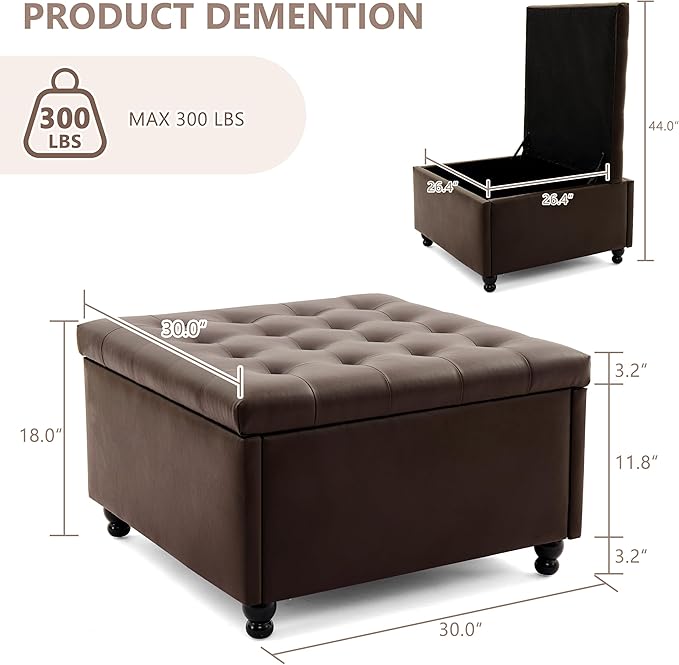 Weture 30 Inch Large Square Storage Ottoman Coffee Table, Oversized Square