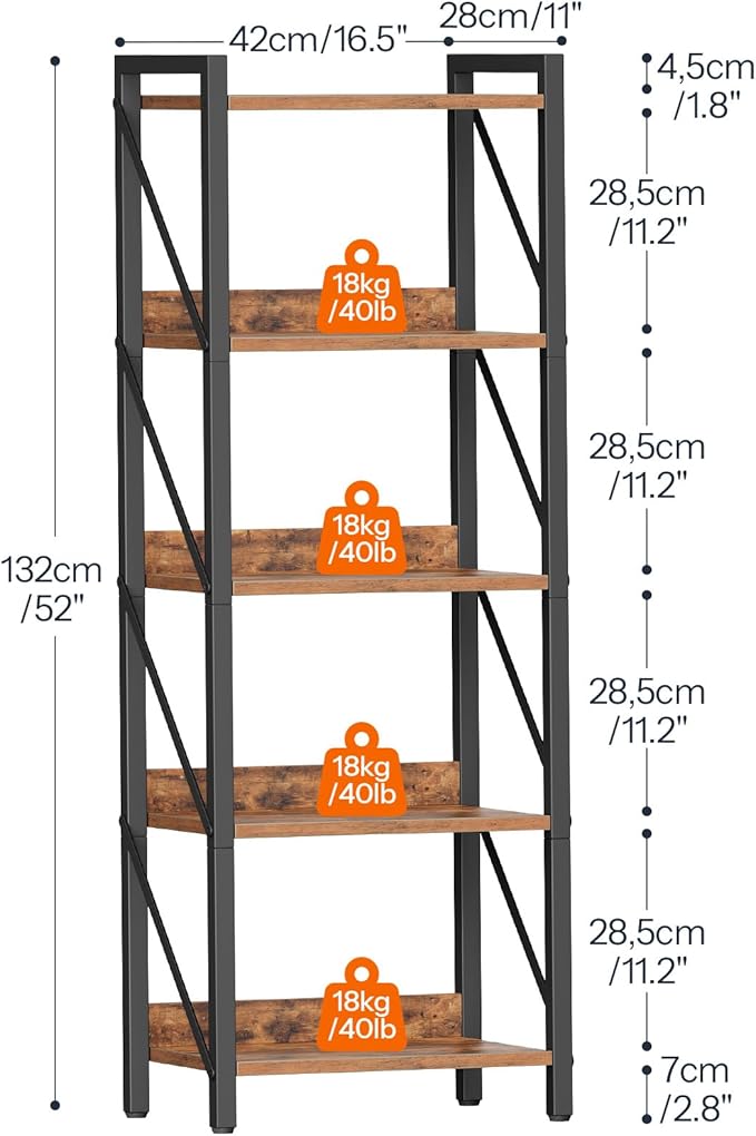 HOOBRO Bookshelf, 5-Tier Industrial Bookcase, Book Shelf Storage Organizer