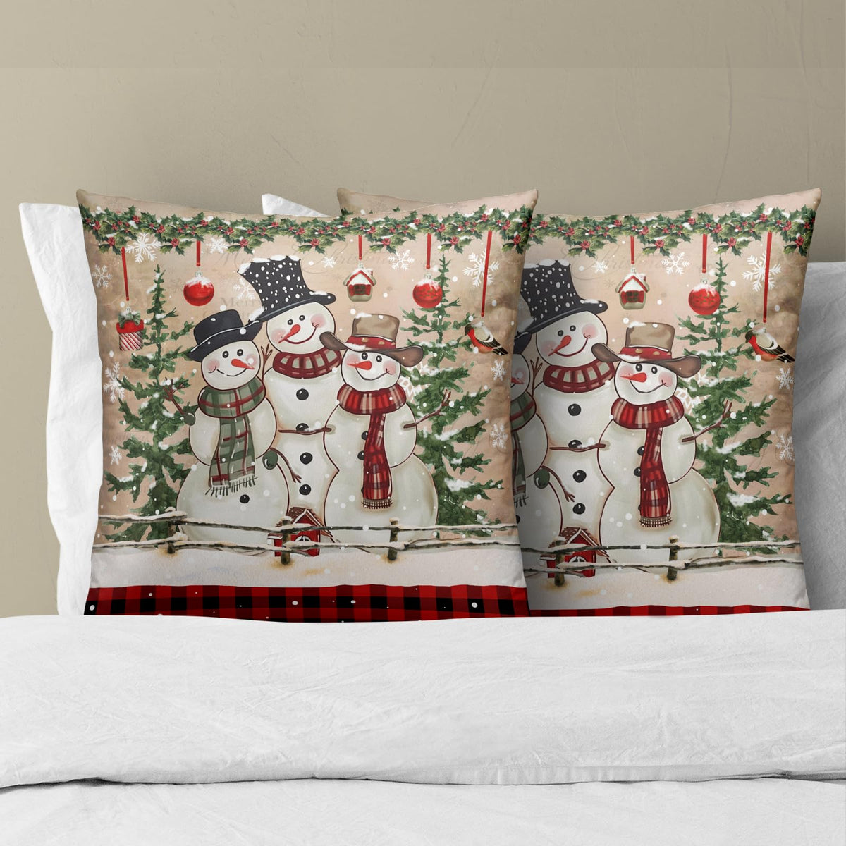 Giwawa Winter Snowman Throw Pillow Covers 18x18 Inch Set of 2 Red Buffalo Plaid Cushion Cover Accent Pillow Protector for Home Sofa Bedroom Decor