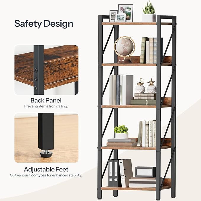 HOOBRO Bookshelf, 5-Tier Industrial Bookcase, Book Shelf Storage Organizer