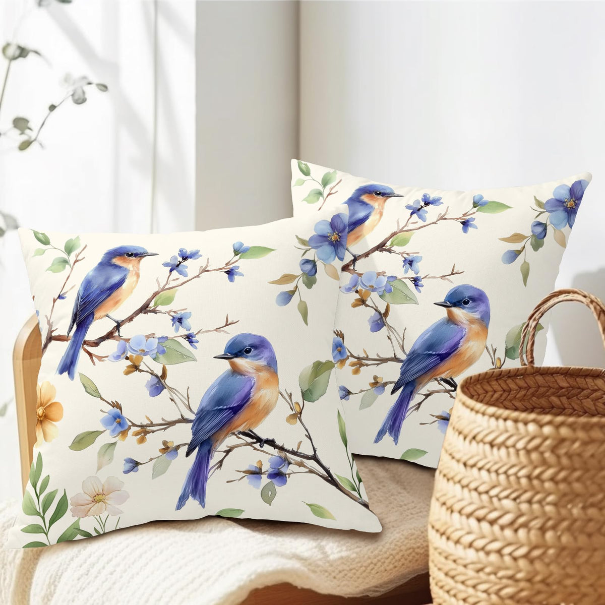 Spring Summer Pillow Covers 24x24 Inch Set of 2 Blue Floral Bird Decorative Outdoor Throw Pillows Yellow Green Flower Pillowcases Cotton Linen Cushion Cover for Sofa Bed Couch Home Decor