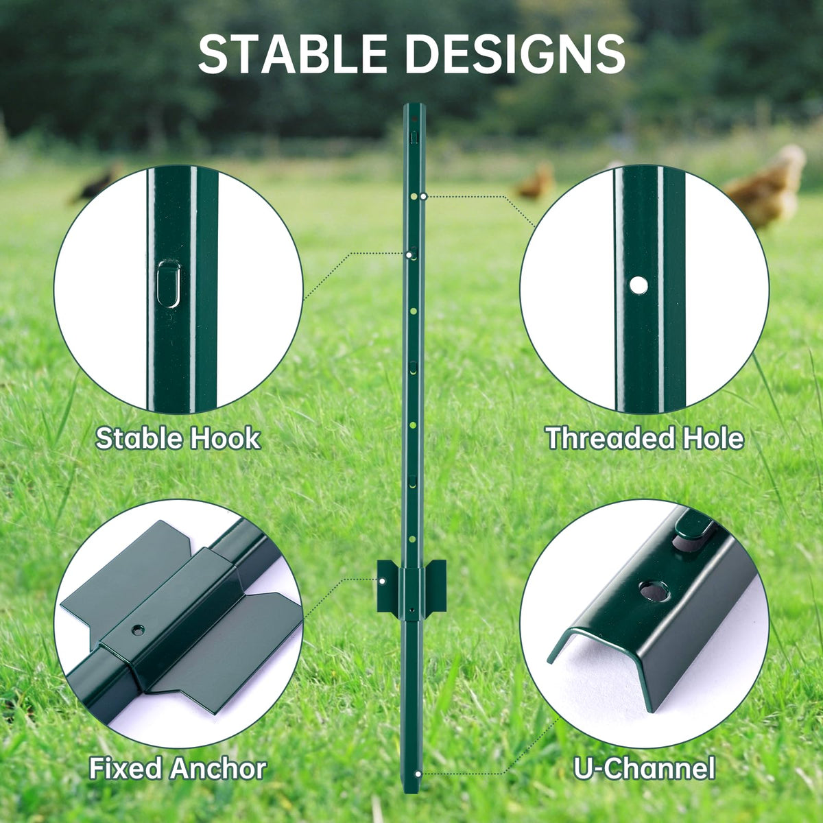 URBANVISTA 10 Pack Metal Fence Posts, 3 FT Heavy Duty U-Post, Green Garden Stakes, No-Dig Post Anchors for Wire Fences, Temporary Fencing, Electric Fence, and Corner Support