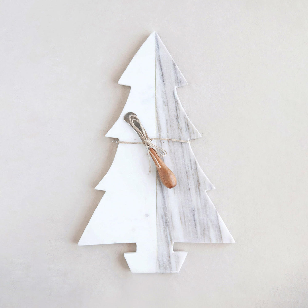 Creative Co-Op Marble Tree Cheese/Cutting Board with Wood Canape Knife, White and Buff Color, Set of 2