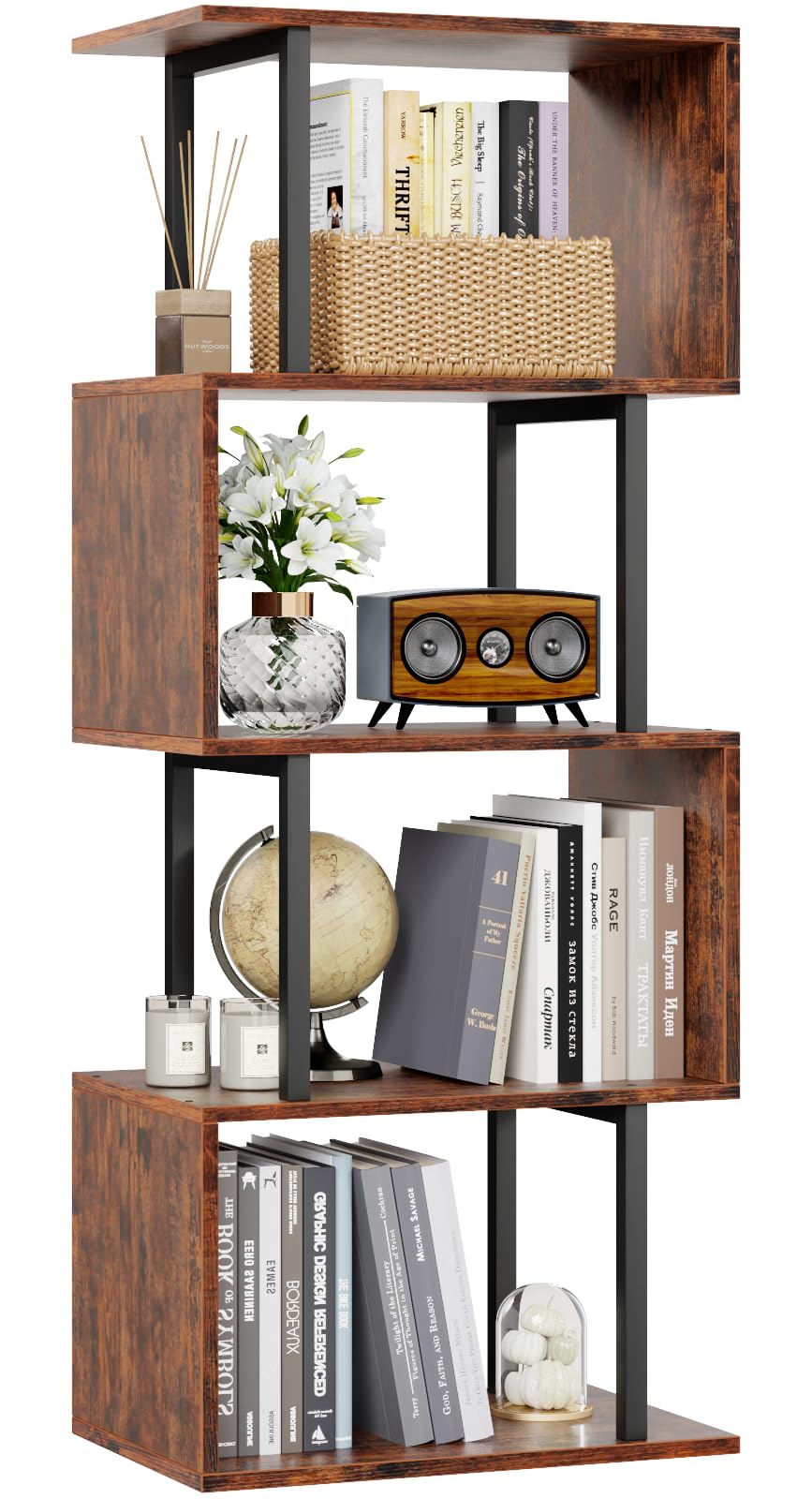 Furologee 5 Tier Bookshelf, S Shaped Geometric Bookcase, Narrow Freestanding Display Shelves, Modern Wood Decorative Storage Rack for Bedroom, Living Room, Home Office, Rustic Brown