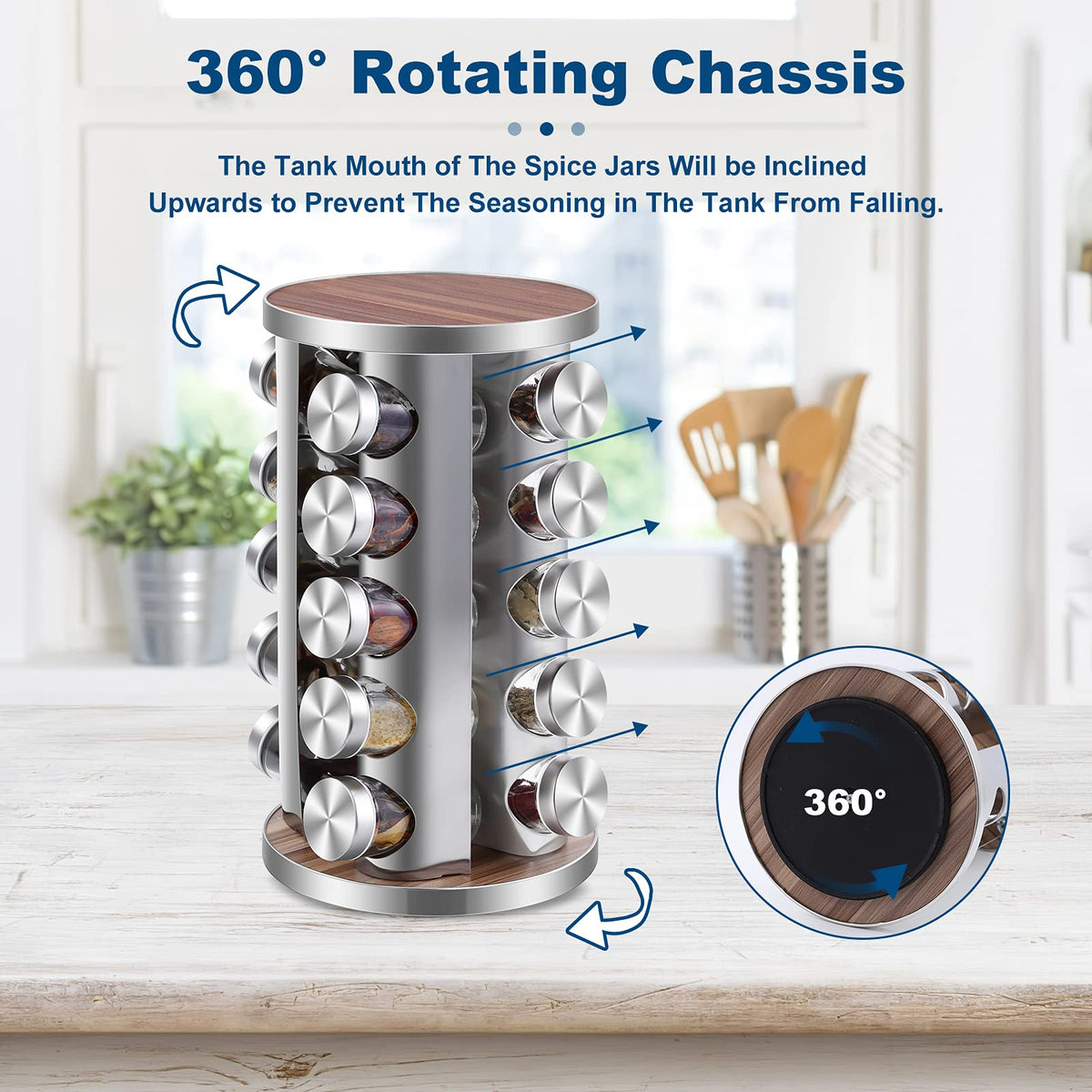 WAYDA Rotating Spice Rack Organizer, 20 Jars Revolving Seasoning Organizer for Cabinet, Stainless Steel Spice Tower for Kitchen Countertop with Reuseable Labels and Funnel