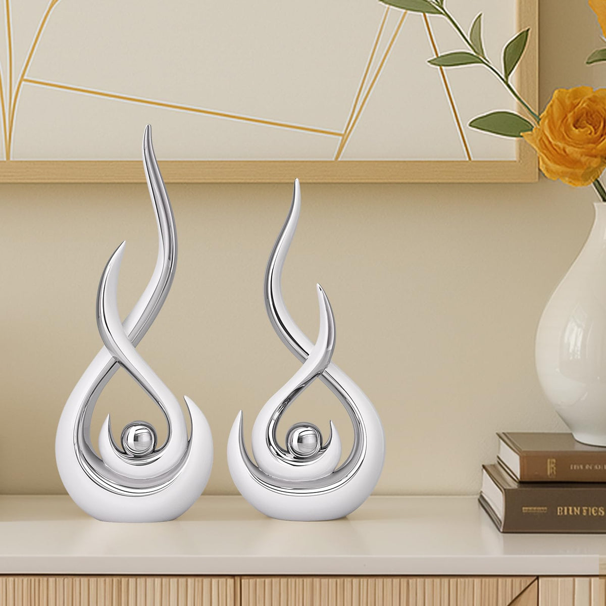 Modern Abstract Art Home Decor Accent,Contemporary Statues Coffee Table Decor for Living Room,Table Centerpieces for Dining Room,Ceramic Sculptures Knick Knacks for TV Stand Show Piece (White Silver)