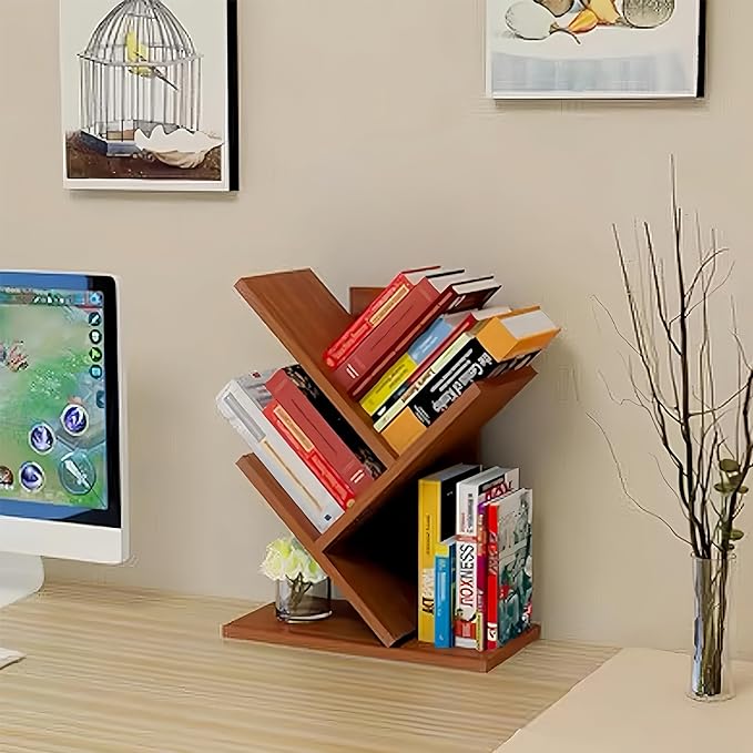 Godferyxin Tree Bookshelf, Small Bookshelf, 3 Tier Wood Mini Book Shelf and