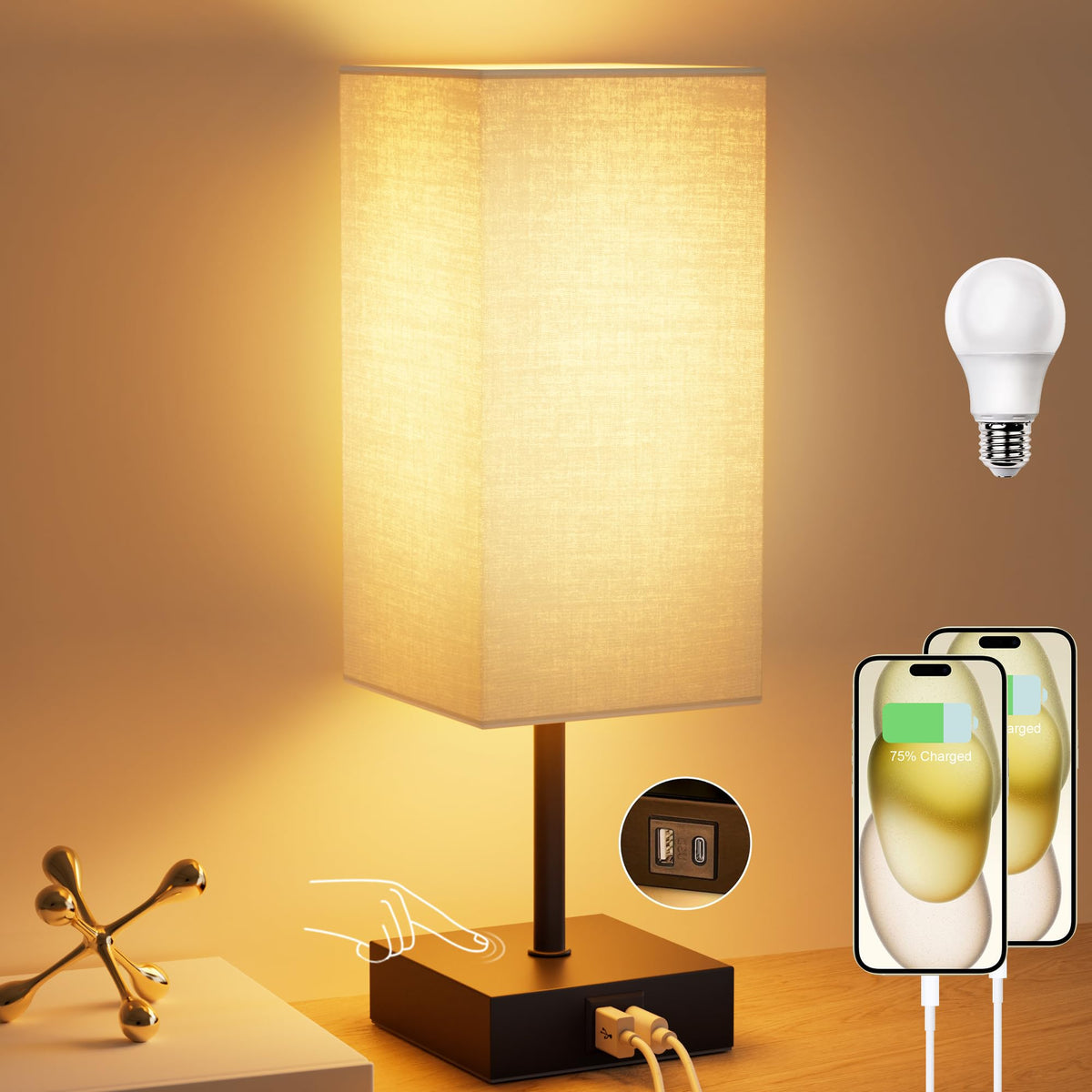 Sailstar Bedside Lamps, Table Lamp with USB C+A Charging Ports, 3 Way Dimmable Touch Control, Small Nightstand Lamps for Bedroom, Home Decor, Living Room, LED Bulbs Included, Upgraded Beige