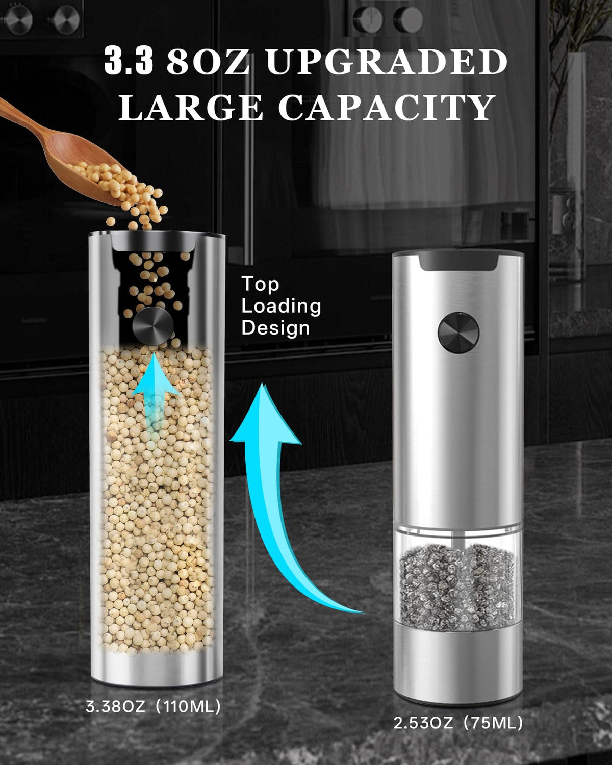 Electric Salt and Pepper Grinder Set with Rechargeable Base - Upgraded Large Capacity, Refillable Pepper Mill Set with LED Light & Adjustable Coarseness, Ideal for Kitchen, Outdoor (Polished Silver)