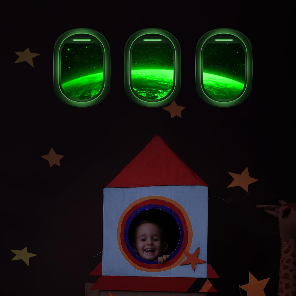 Glow in The Dark 3D Space Wall Decals, Set of 3 Galaxy Window Stickers for Wall, Space Themed Room Decor for Kids Boys (Green)