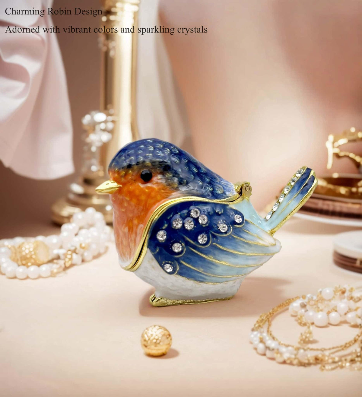 Robin Bird Jewelry Trinket Boxes Hinged Ring Box.Collectible Bird Figurines Home Decor Gifts for Women.Necklace Rings Earrings Organizer.