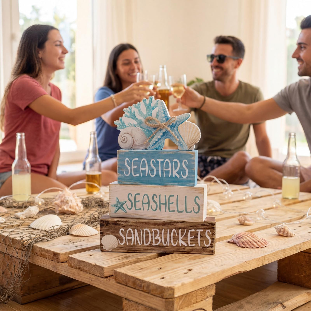 Beach Coastal Wooden Table Centerpieces Decorations for Home, Summer Ocean Blue and White Tabletop Signs Under the Sea Tiered Tray Sea Shell Party Decor for Mantel