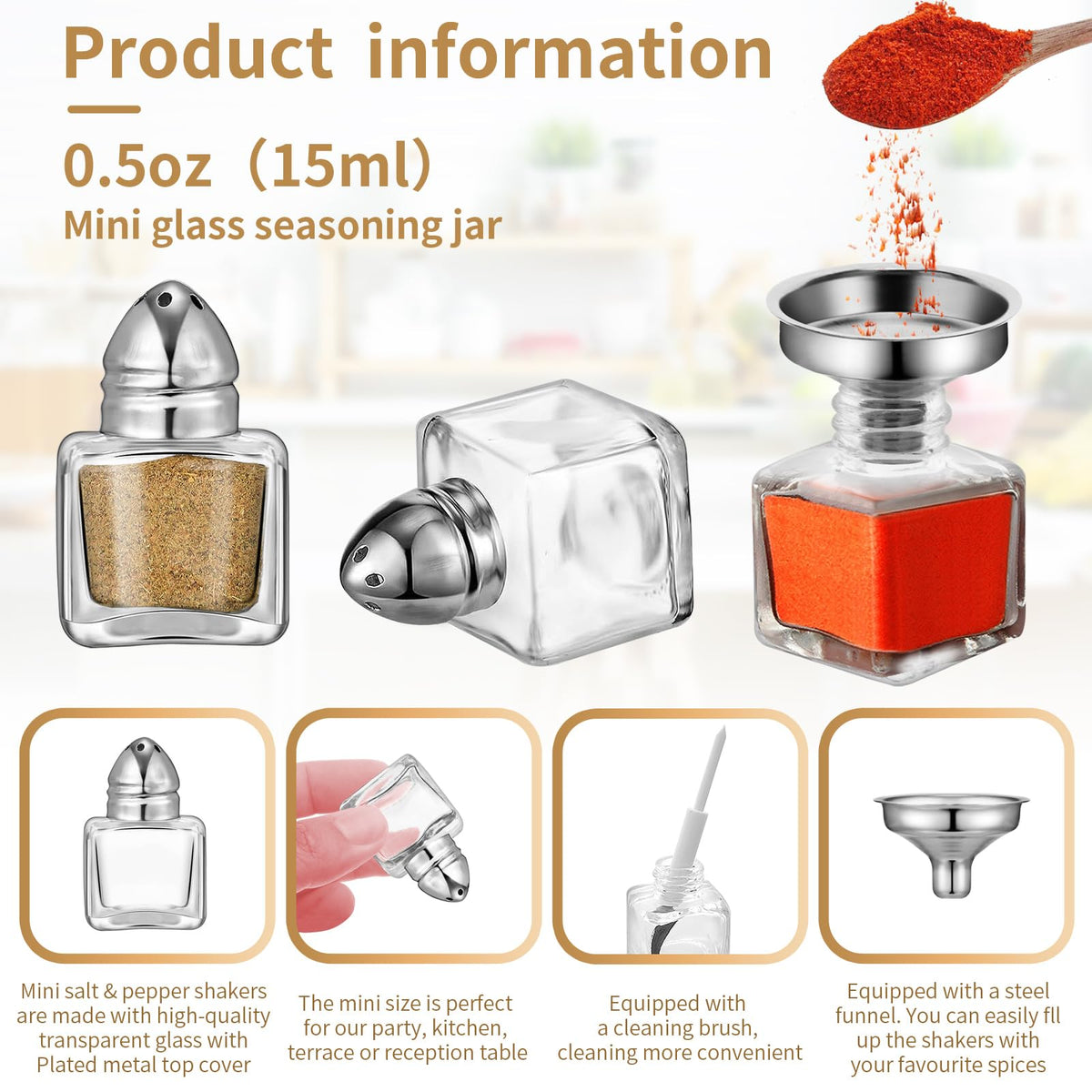 12 Pcs 0.5 oz Cube Shape Small Salt and Pepper Shakers with Tone Tops Clear Mini Glass Seasoning Jars Spice Salt Shakers with Funnel for Wedding Party Restaurant Home Kitchen (12, Silver)