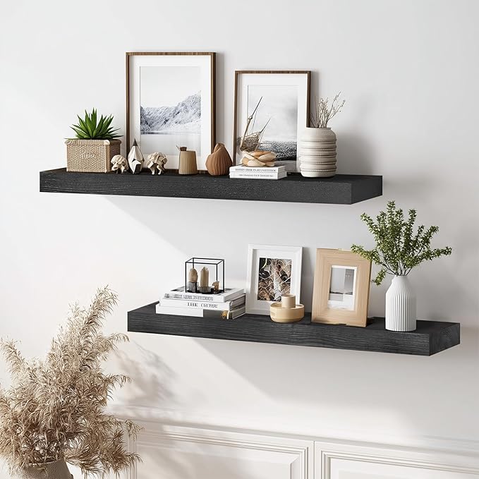 36x8x1.6 inch Floating Shelves Set of 2 – Solid Wood Rustic Black Wall Mounted