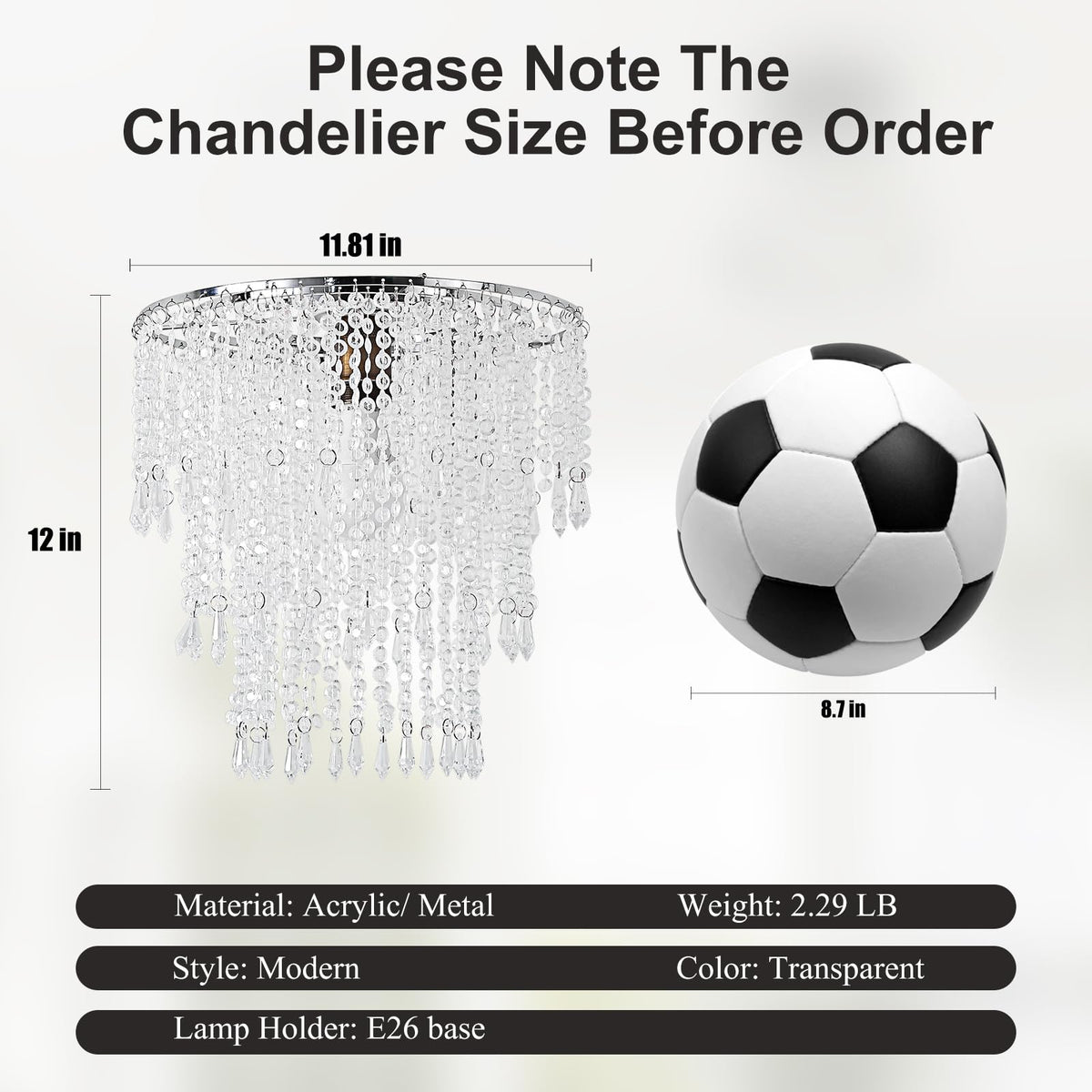 SEEYUAN Acrylic Chandelier Shade Modern Ceiling Light Shade Beaded Pendant Lampshade with Acrylic Beads and Chrome Frame Diameter 11.81 inches