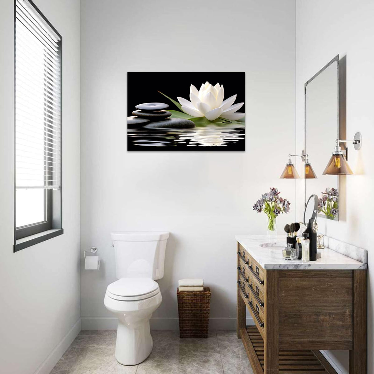 CCWACPP Zen Canvas Wall Art White Lotus Bloom in Water Picture Flowers Stone Spa Painting for Yoga Meditation Room Bathroom Prints Wall Decor Frame (Zen - 2, 16x24inch)