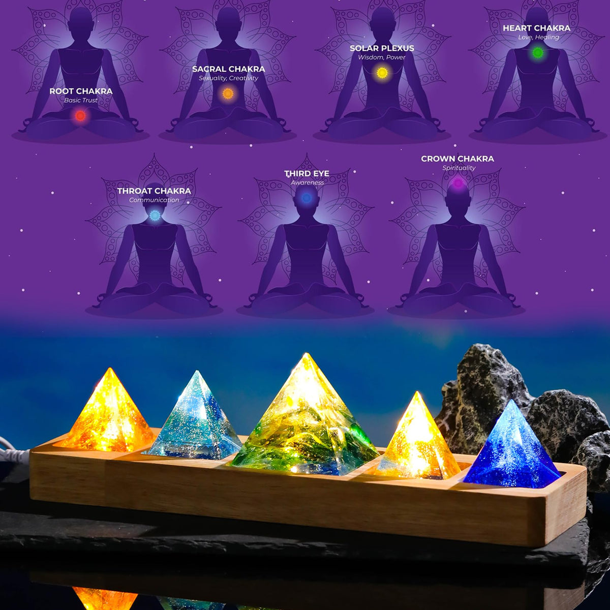 Ornalrist 5 Chakra Natural Healing Pyramid with Wooden LED Light Base Crystal Quartz Pyramid for Meditation, Positive Energy, Sleep, Spiritua Night Light Home Decor