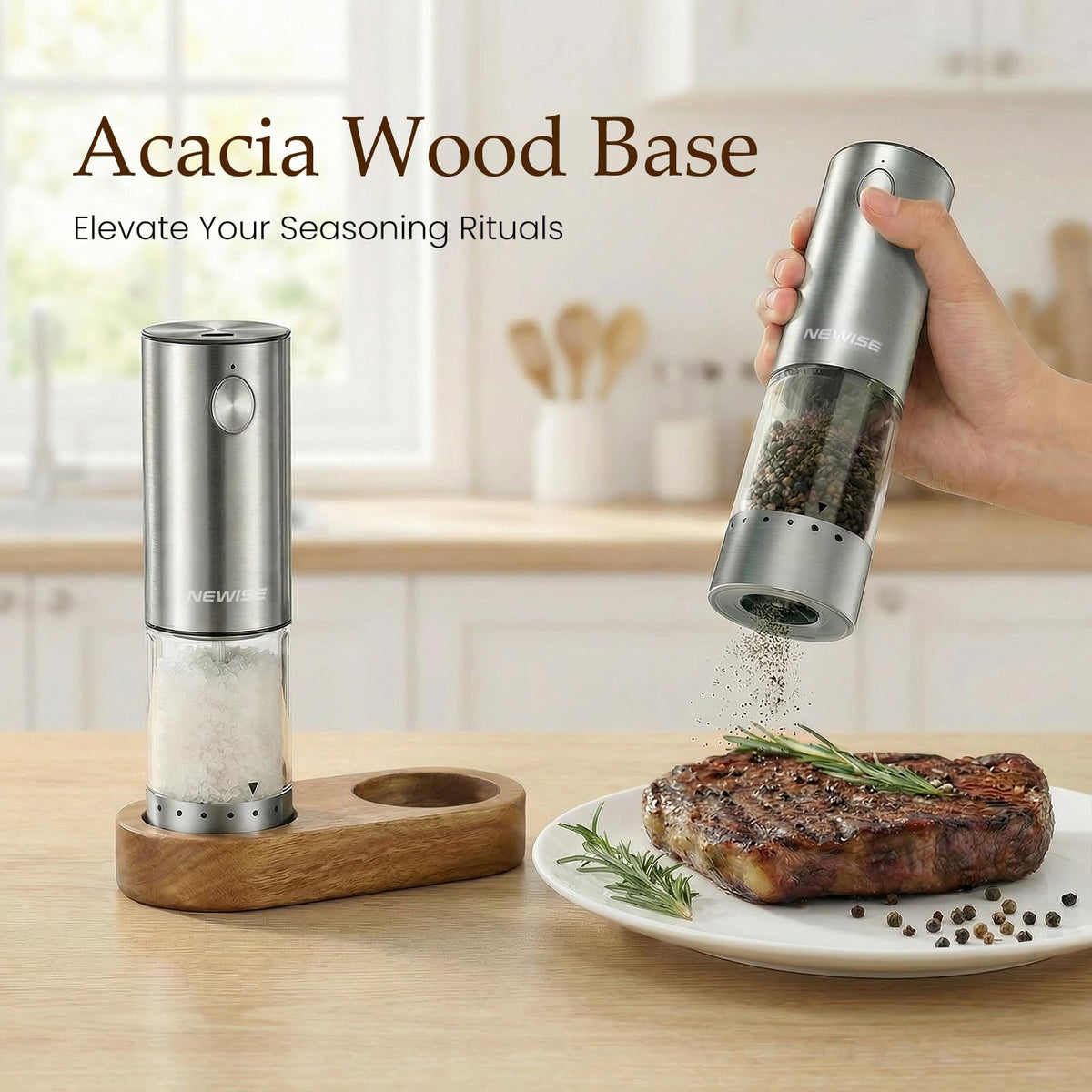 Electric Salt and Pepper Grinder Set - Acacia Wood Base, Rechargeable & Automatic Pepper Mill with LED Lights, Adjustable Coarseness, 95ml Large Capacity for Kitchen