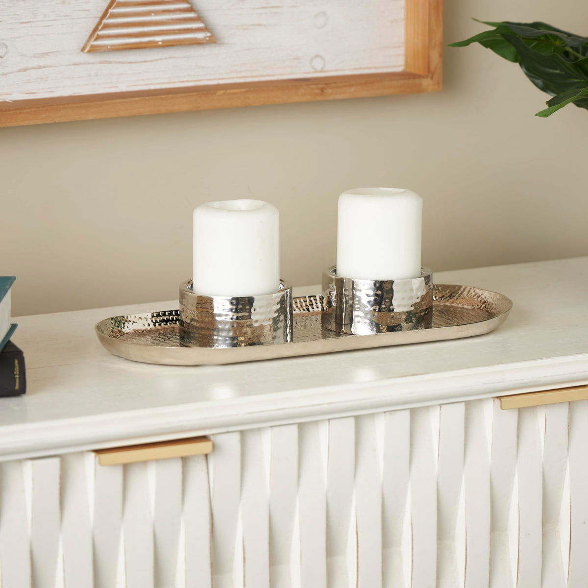 Deco 79 Stainless Steel Metal Decorative Candle Holder Hammered Candle Stand with Oval Tray Plate, Candlestick Holder 16" x 7" x 2", Silver