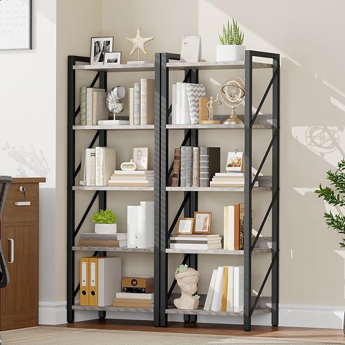 HOOBRO Bookshelf, 5-Tier Industrial Bookcase, Book Shelf Storage Organizer
