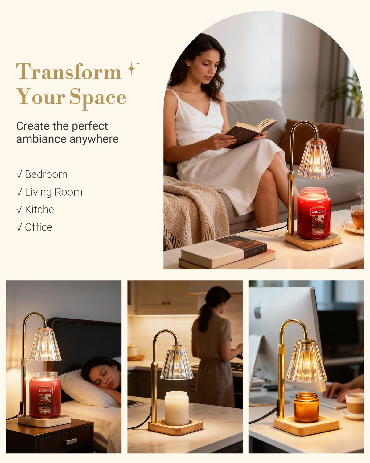 Marycele Candle Warmer Lamp with Timer & Dimmer - Mothers Day Gifts for Women Mom Her, Aesthetic Office Home Decor, Adjustable Height Wax Melter for Candle Jar & 3-Wick Candles (2 Bulbs Included)