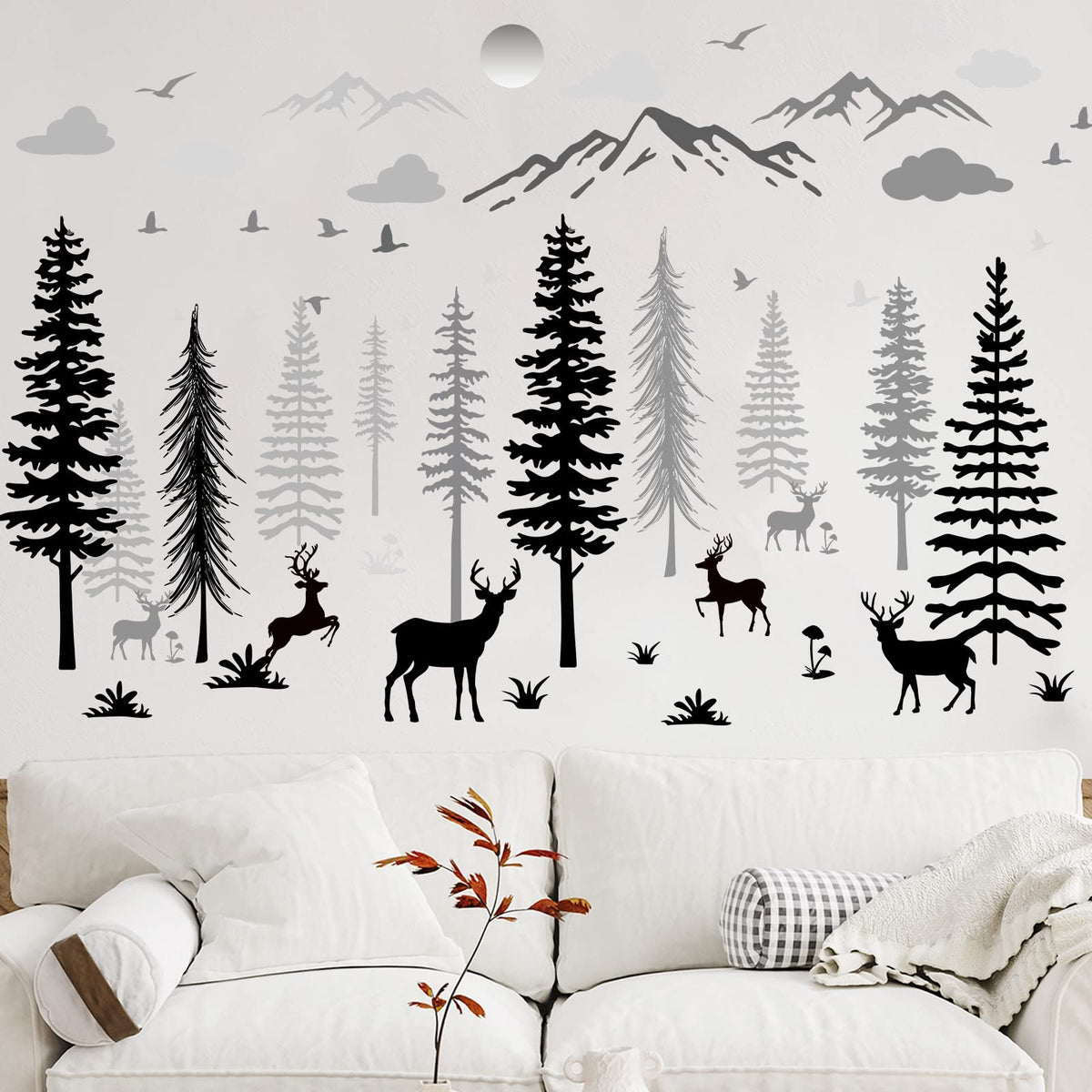 Teling 8 Pieces Winter Snowflake Wall Decals Stickers Dreamy Nursery Forest Woodland Trees Deer Pine Tree Wall Decals for Kids Room Winter Decor(Black, White, Gray)