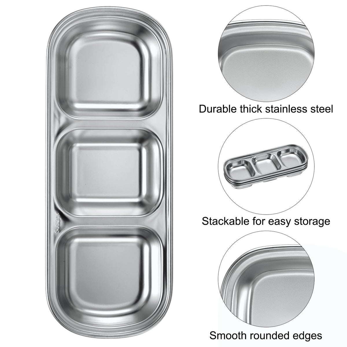 uxcell 4 Pack Stainless Steel Dish Dipping Bowls with Rectangular Compartment Divided, Metal Seasoning Plate Dipping Bowl for Condiment Home Party Restaurant Picnic Travel, Silver