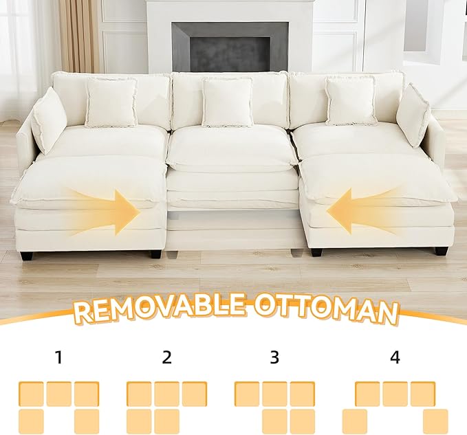 111'' Sectional Cloud Deep Seat Couch, Oversized Chenille U Shaped Sectional