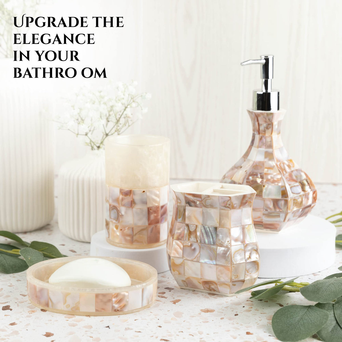 Milano Bathroom Toothbrush Holder - Decorative Bathroom Toothbrush Organizer Finished in Beautiful Mother of Pearl, 3 Slot Toothbrush Holder for Bathroom Fits Multiple Brushes
