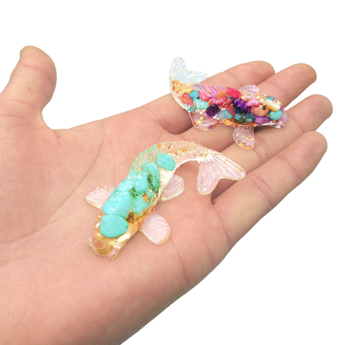 DIYOMR Set of 6 Crystals Fish Hand-dripped Resin Fused with Colorful Crystal Rocks Stones Fake Gold Coins,Blessed Carp Bring Luck Wealth,DIY Home Wall Desk Decor