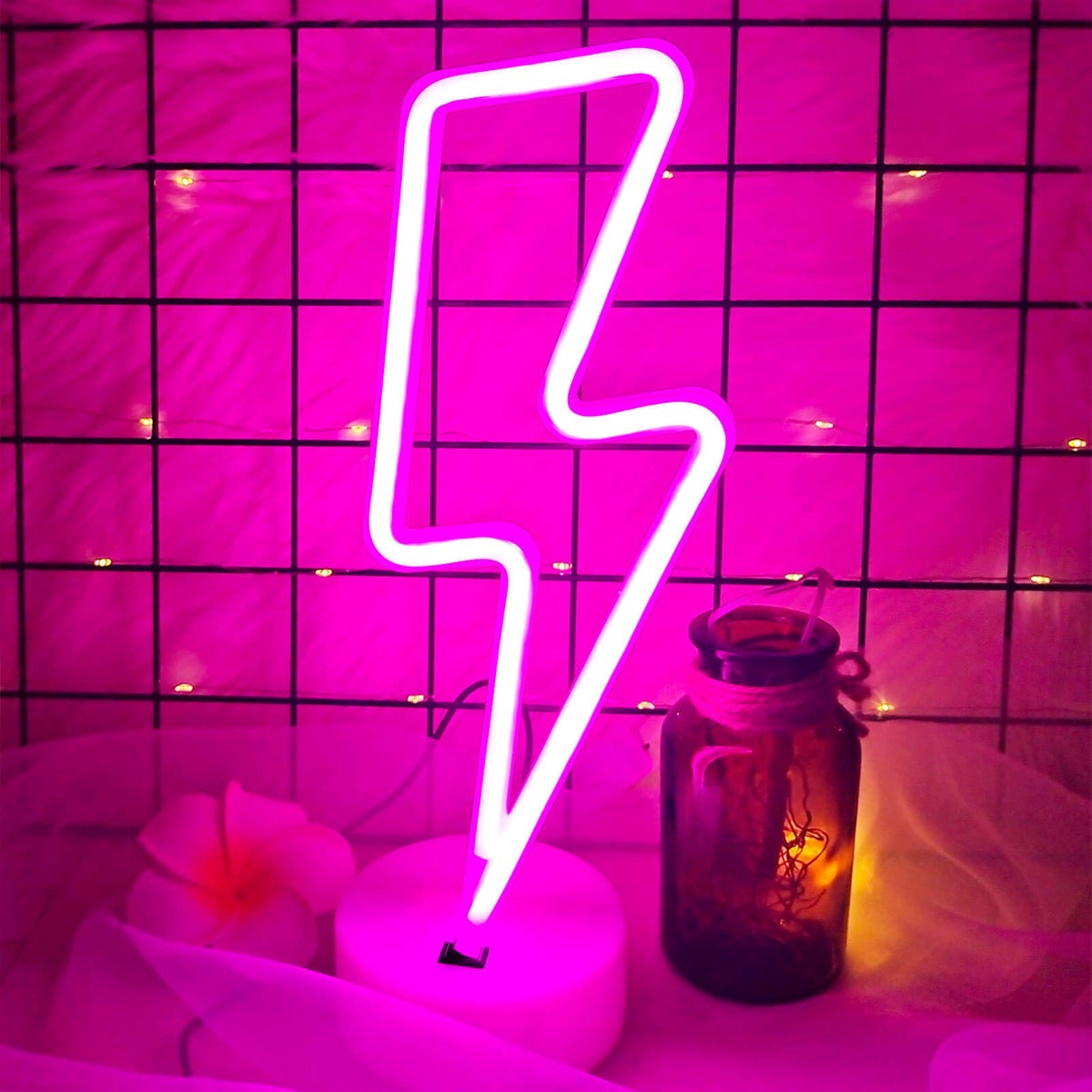 VIFULIN Pink Lightning Bolt Neon Sign, Aesthetic Room Decor for Bedroom, Battery/USB Operated LED Light with Base