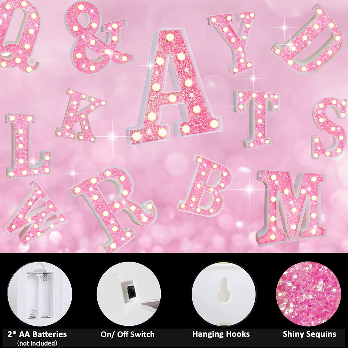 Light Up Letters, Glitter Alphabet Letter Sign Pink LED Marquee Letter Lights Battery Powered for Night Light Girls Bedroom Birthday Party Wedding Home Christmas Decorations Gift for Her-Pink S