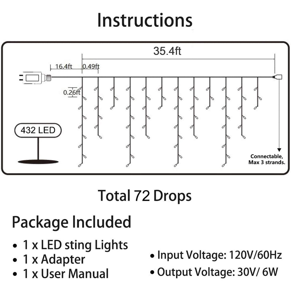 LYHOPE Icicle Christmas Lights, 432 LED 35.4ft 8 Modes Icicle String Lights with 72 Drops, Window Curtain Fairy Lights for Xmas, Eaves, Wedding, Garden, Outdoor, Indoor Decor (Clear White)